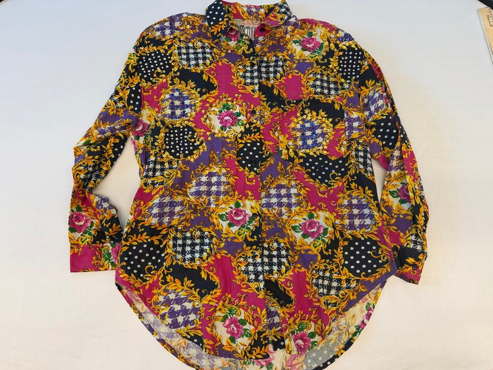 80s Baroque Sequin Patchwork Button Down Shirt Eclectic Maximalist S